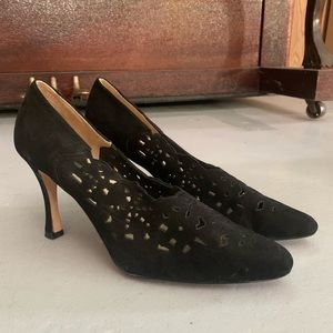 Black suede laser cut pumps